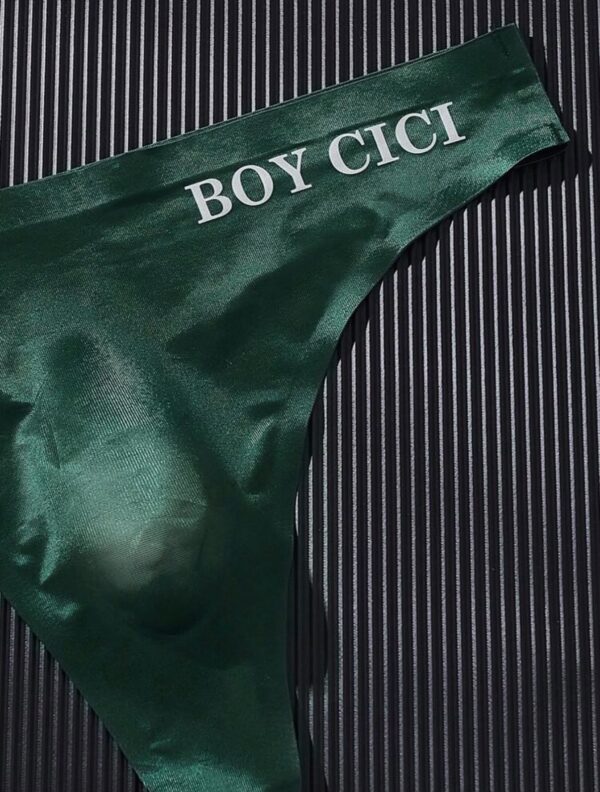 Tanga masculina verde oscuro con cintura de texto · Talla M/L