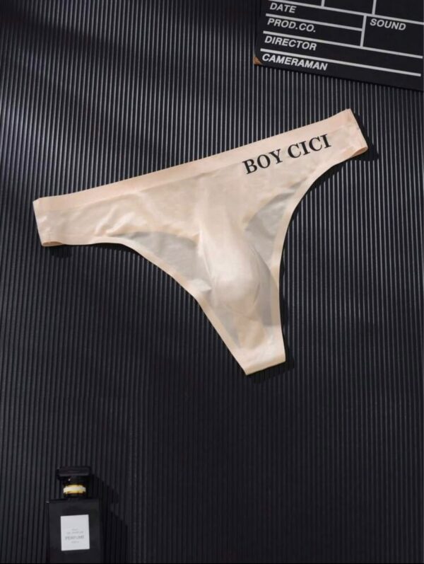 Tanga masculina beige con cintura de texto · Talla M/L
