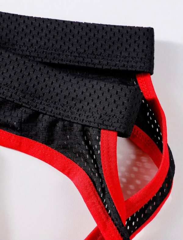Sunga-Sutien-tanga-Chile-Santiago-Maipu Jockstrap negro de malla con bordes rojos · Talla M/L