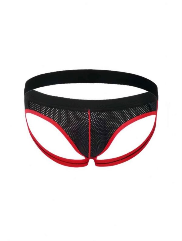 Sunga-Sutien-tanga-Chile-Santiago-Maipu Jockstrap negro de malla con bordes rojos · Talla M/L