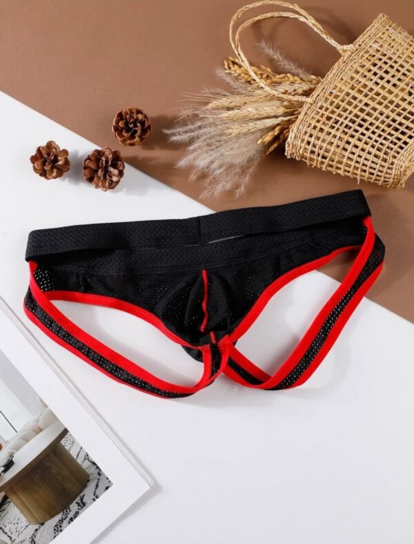 Sunga-Sutien-tanga-Chile-Santiago-Maipu Jockstrap negro de malla con bordes rojos · Talla M/L