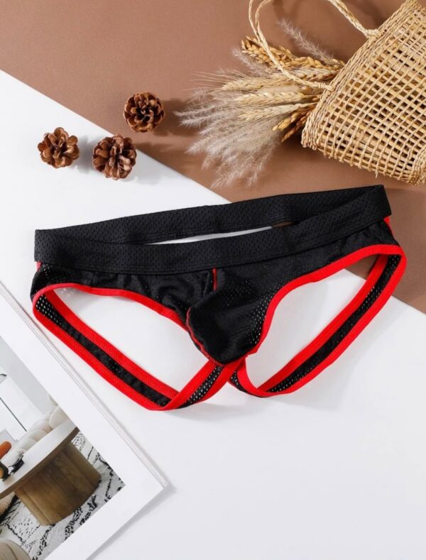 Sunga-Sutien-tanga-Chile-Santiago-Maipu Jockstrap negro de malla con bordes rojos · Talla M/L