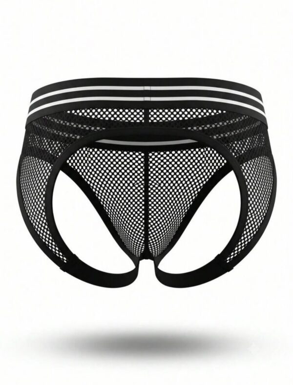 Sunga-Sutien-tanga-Chile-Santiago-Maipu Jockstrap negro de malla con cintura a rayas · Talla XS/S