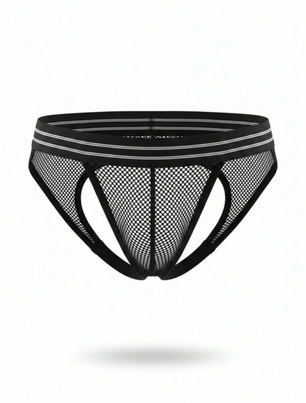 Sunga-Sutien-tanga-Chile-Santiago-Maipu Jockstrap negro de malla con cintura a rayas · Talla XS/S