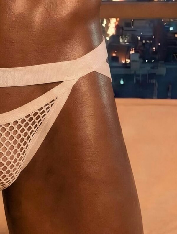 Sunga-Sutien-tanga-Chile-Santiago-Maipu Jockstrap blanco de malla con tiras cruzadas · Talla M/L