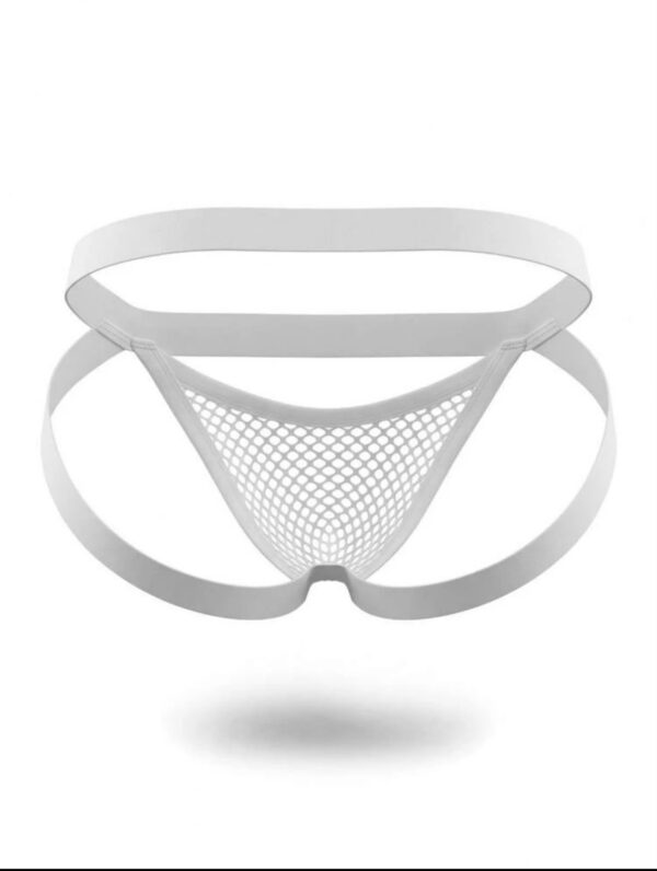 Sunga-Sutien-tanga-Chile-Santiago-Maipu Jockstrap blanco de malla con tiras cruzadas · Talla M/L
