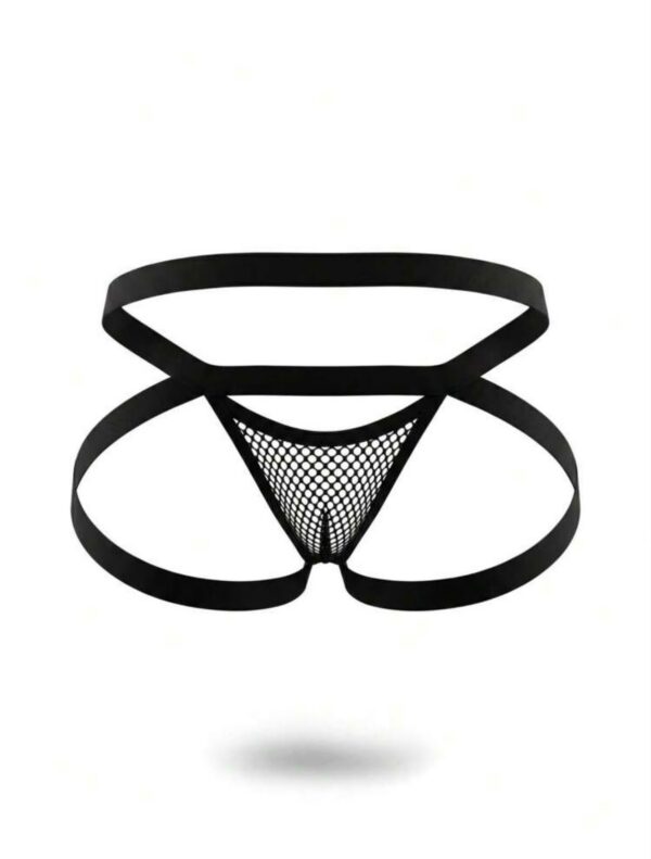 Sunga-Sutien-tanga-Chile-Santiago-Maipu Jockstrap negro de malla con tiras cruzadas · Talla M/L